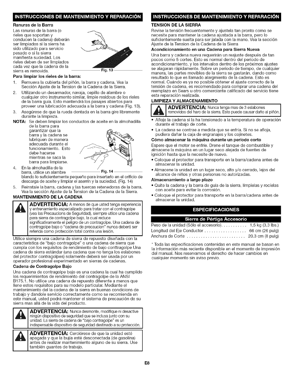 Especificaciones, Sierra de pértiga accesorio | Craftsman 316.792460 User Manual | Page 16 / 20