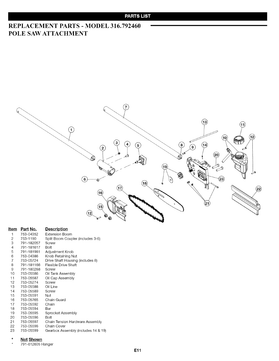 Parts list | Craftsman 316.792460 User Manual | Page 19 / 20