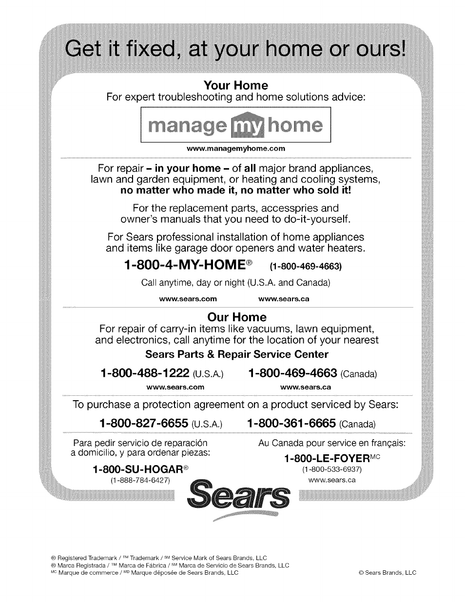 Get it fixed, at your home or ours, 800-4-my-home, Your home | Our home | Craftsman 316.792460 User Manual | Page 20 / 20