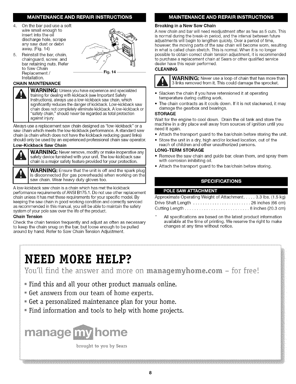 Maintenance and repair instructions, Specifications, Need more help | Craftsman 316.792460 User Manual | Page 8 / 20