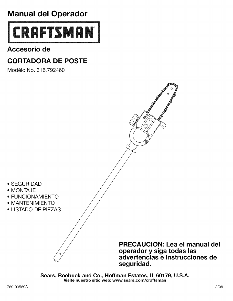 Manual del operador, Accesorio de cortadora de poste | Craftsman 316.792460 User Manual | Page 9 / 20