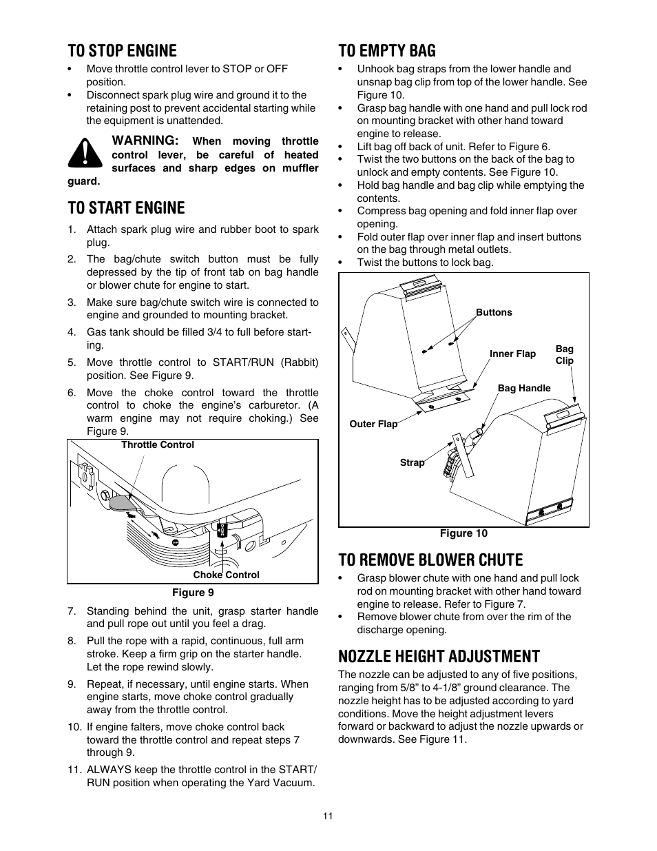 To stop engine, To start engine, To empty bag | To remove blower chute, Nozzle height adjustment | Craftsman 247.77099 User Manual | Page 11 / 52
