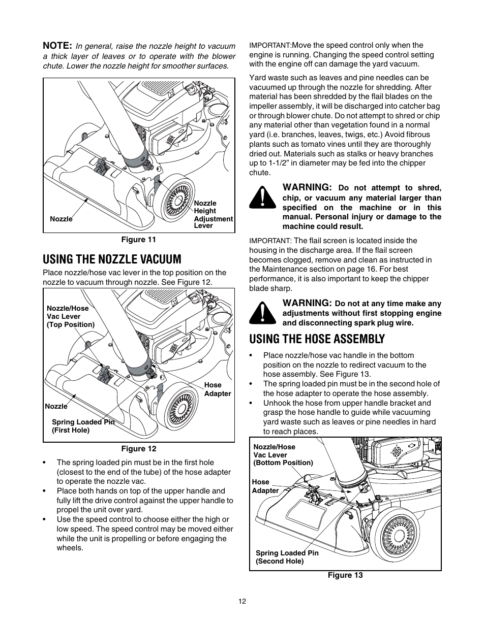 Using the nozzle vacuum, Downwards. see figure 11, Using the hose assembly | Craftsman 247.77099 User Manual | Page 12 / 52