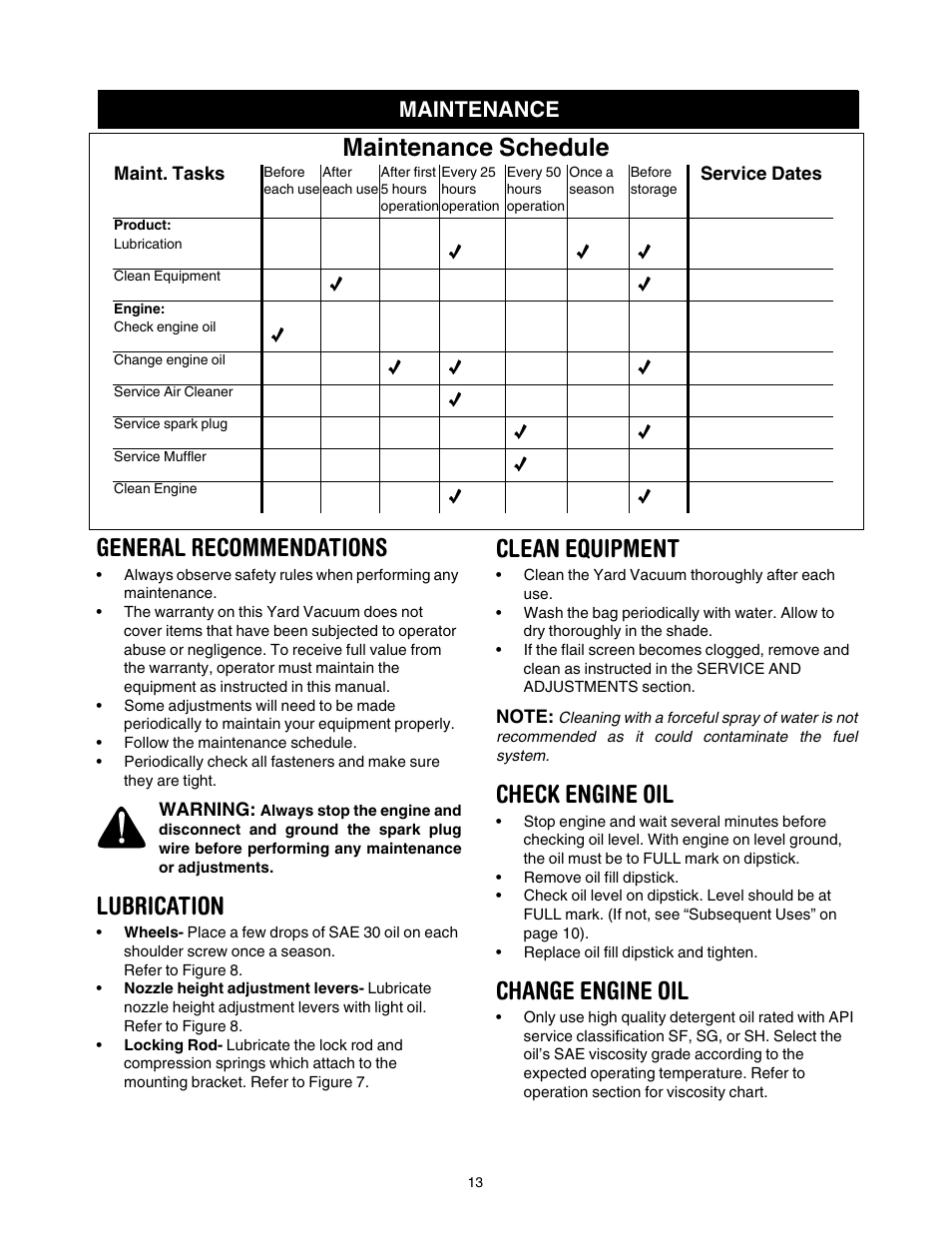 General recommendations, Lubrication, Clean equipment | Check engine oil, Change engine oil, Maintenance schedule, Maintenance | Craftsman 247.77099 User Manual | Page 13 / 52