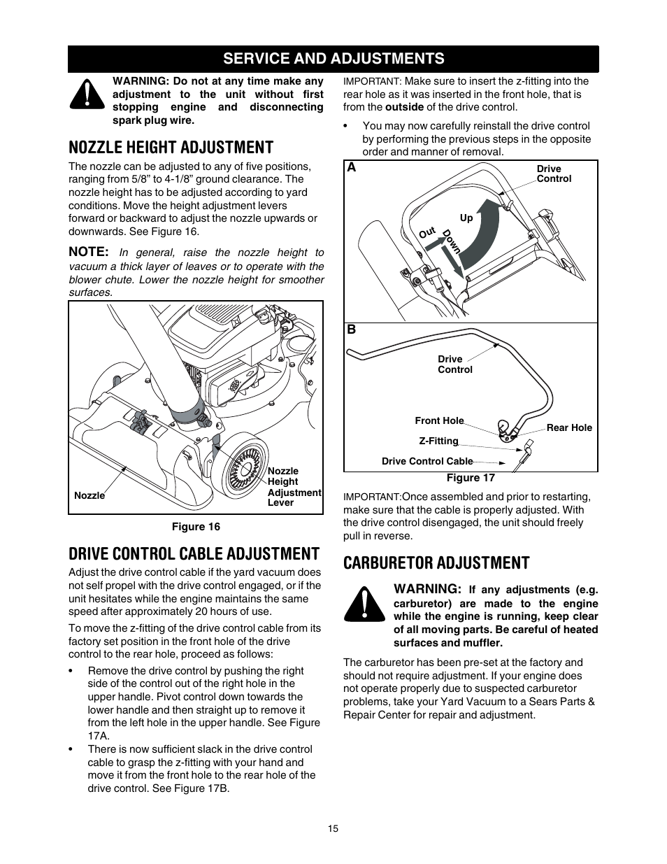 Nozzle height adjustment, Drive control cable adjustment, Carburetor adjustment | Service and adjustments | Craftsman 247.77099 User Manual | Page 15 / 52