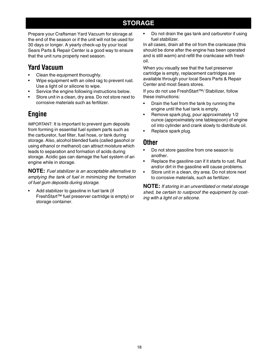 Yard vacuum, Engine, Other | Storage | Craftsman 247.77099 User Manual | Page 18 / 52