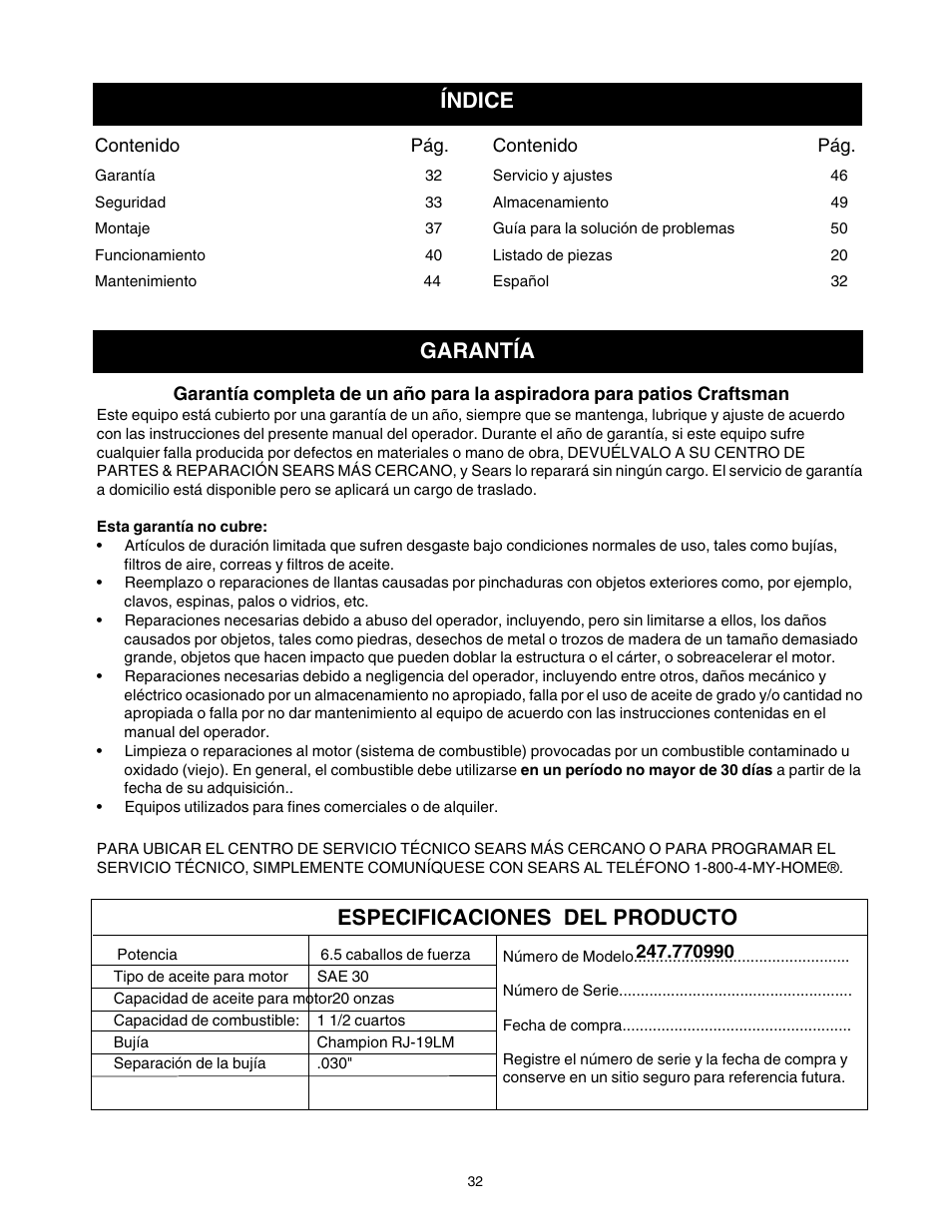 Garantía índice, Especificaciones del producto | Craftsman 247.77099 User Manual | Page 32 / 52
