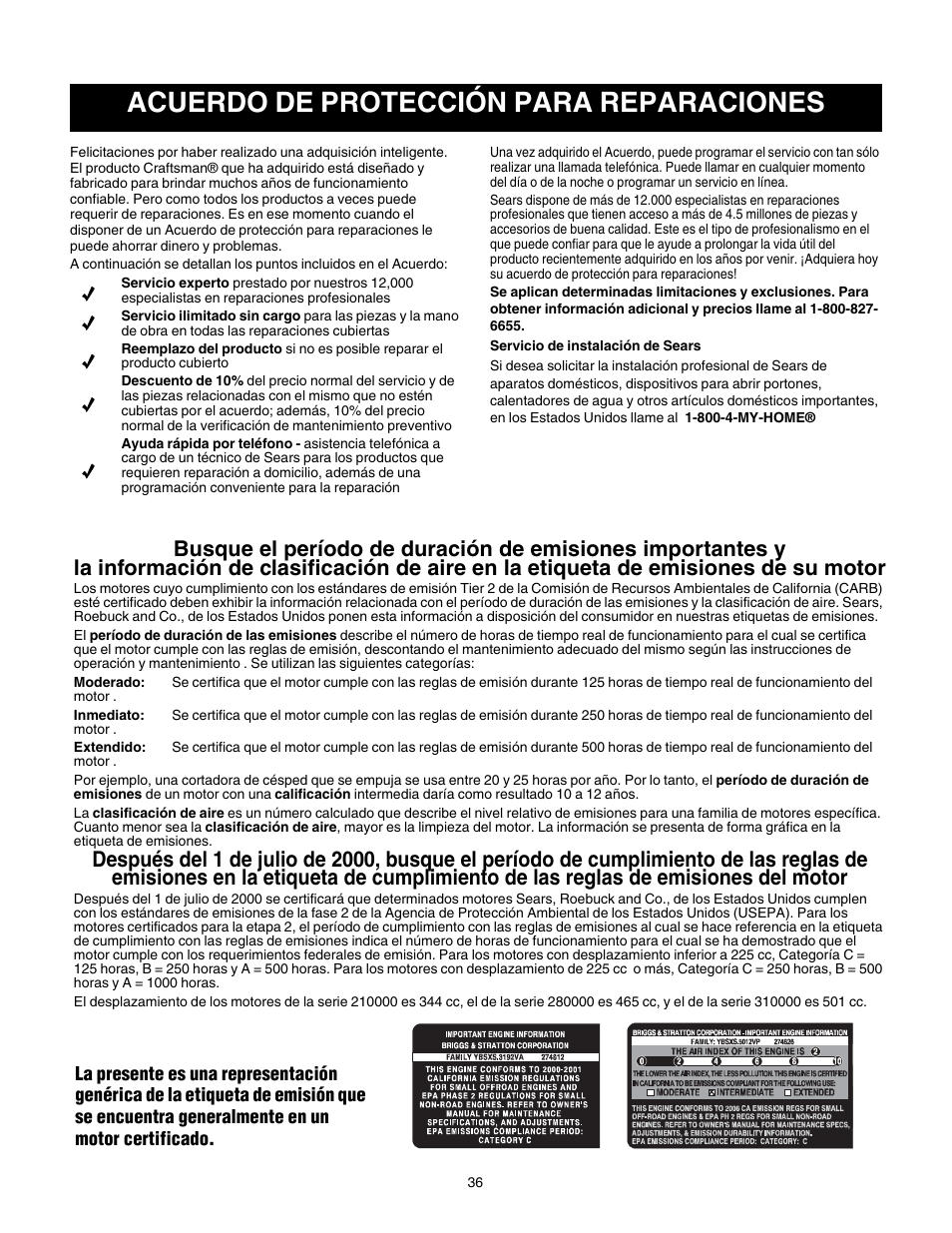 Acuerdo de protección para reparaciones | Craftsman 247.77099 User Manual | Page 36 / 52