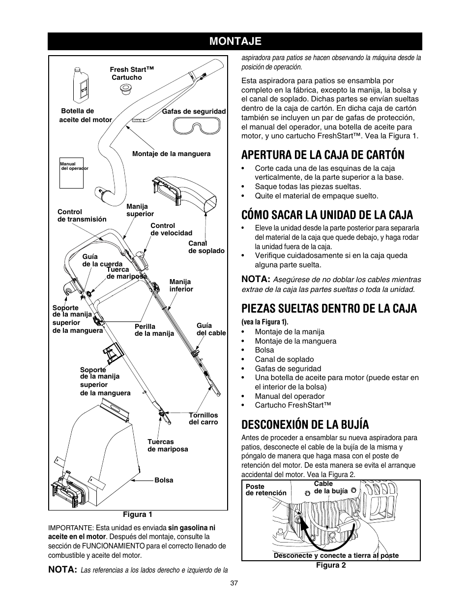 Apertura de la caja de cartón, Cómo sacar la unidad de la caja, Piezas sueltas dentro de la caja (vea la figura 1) | Desconexión de la bujía, Piezas sueltas dentro de la caja, Montaje | Craftsman 247.77099 User Manual | Page 37 / 52