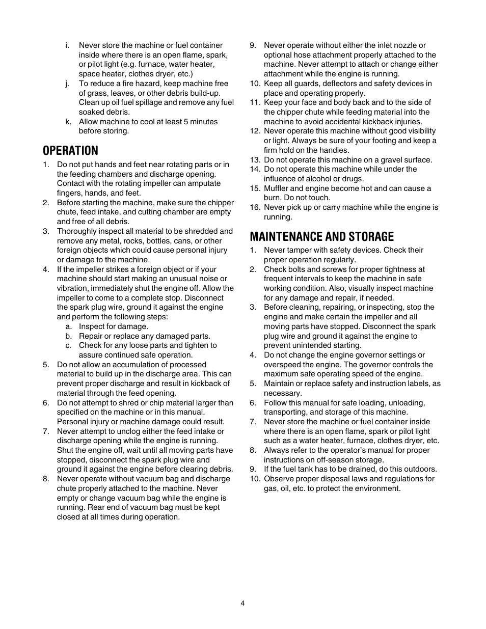 Operation, Maintenance and storage | Craftsman 247.77099 User Manual | Page 4 / 52