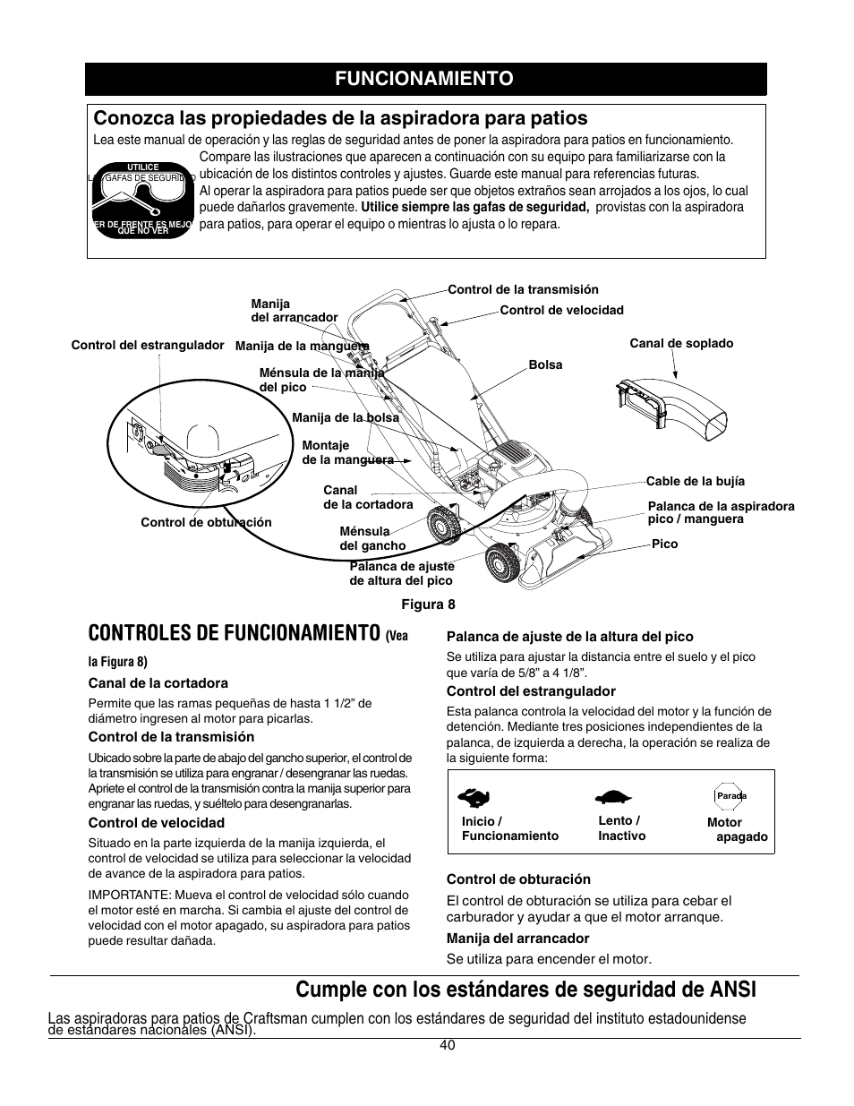 Controles de funcionamiento (vea la figura 8), Controles de funcionamiento, Cumple con los estándares de seguridad de ansi | Funcionamiento | Craftsman 247.77099 User Manual | Page 40 / 52