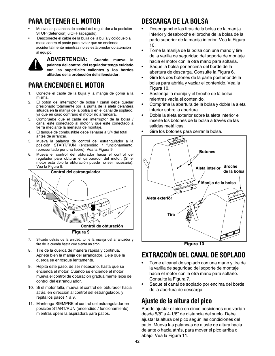 Para detener el motor, Para encender el motor, Descarga de la bolsa | Extracción del canal de soplado, Ajuste de la altura del pico | Craftsman 247.77099 User Manual | Page 42 / 52