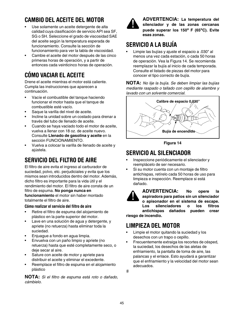 Cambio del aceite del motor, Cómo vaciar el aceite, Servicio del filtro de aire | Servicio a la bujía, Servicio al silenciador, Limpieza del motor | Craftsman 247.77099 User Manual | Page 45 / 52