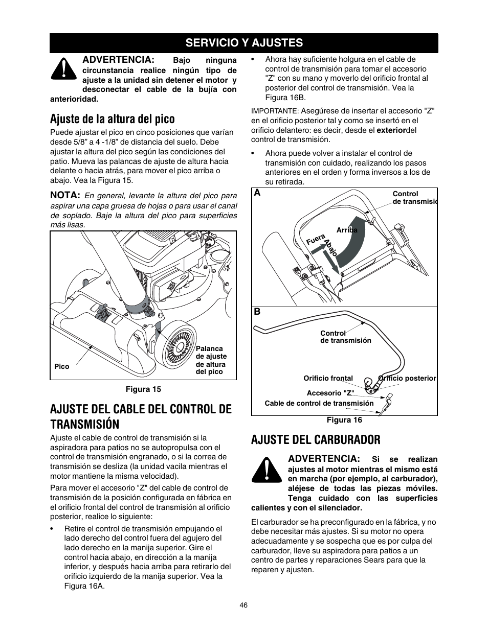 Ajuste de la altura del pico, Ajuste del cable del control de transmisión, Ajuste del carburador | Servicio y ajustes | Craftsman 247.77099 User Manual | Page 46 / 52