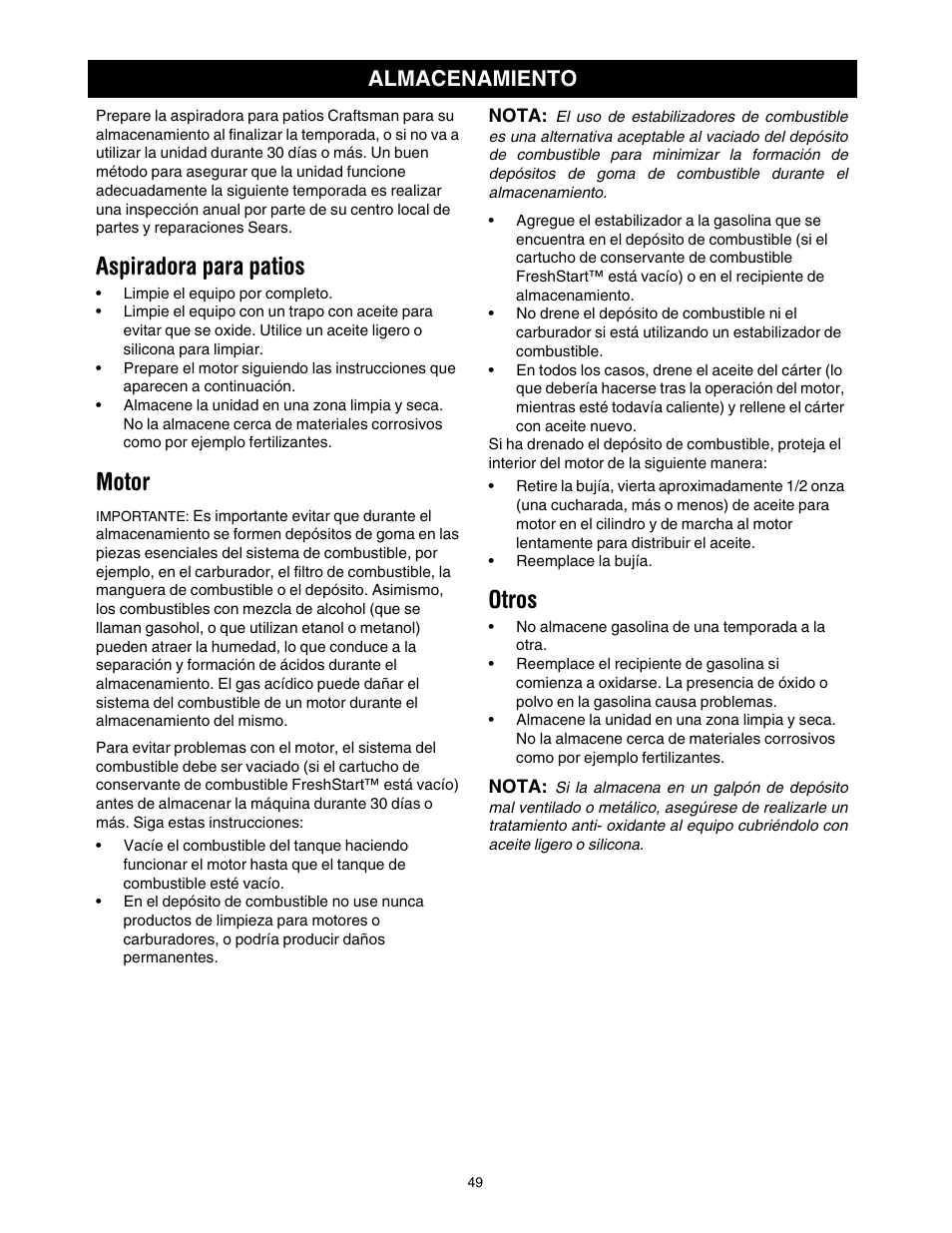 Aspiradora para patios, Motor, Otros | Almacenamiento | Craftsman 247.77099 User Manual | Page 49 / 52