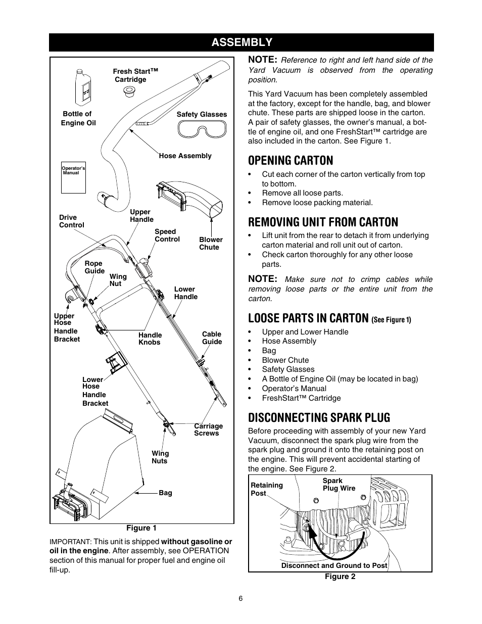 Opening carton, Removing unit from carton, Loose parts in carton (see figure 1) | Disconnecting spark plug, Loose parts in carton, Assembly | Craftsman 247.77099 User Manual | Page 6 / 52