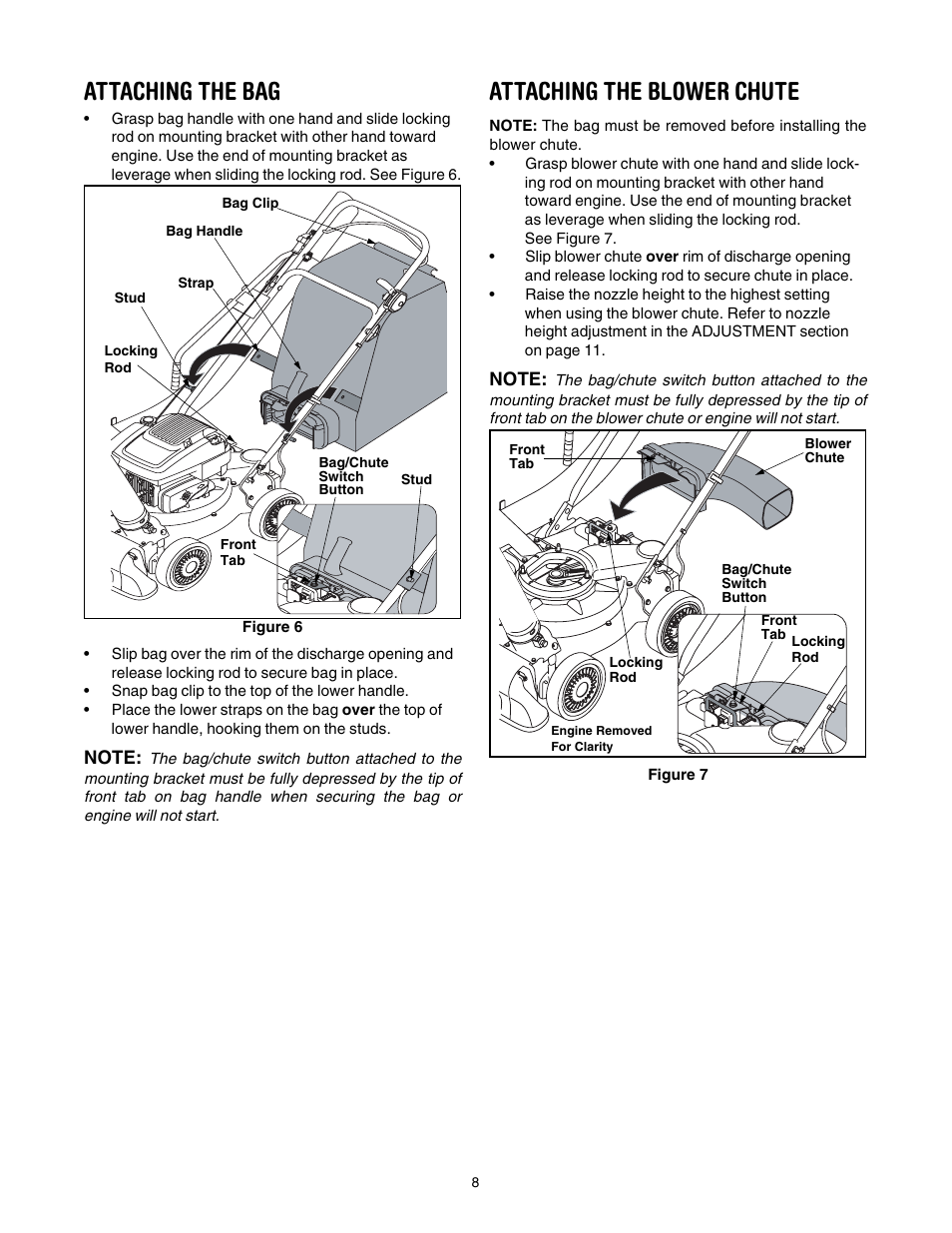 Attaching the bag, Attaching the blower chute | Craftsman 247.77099 User Manual | Page 8 / 52