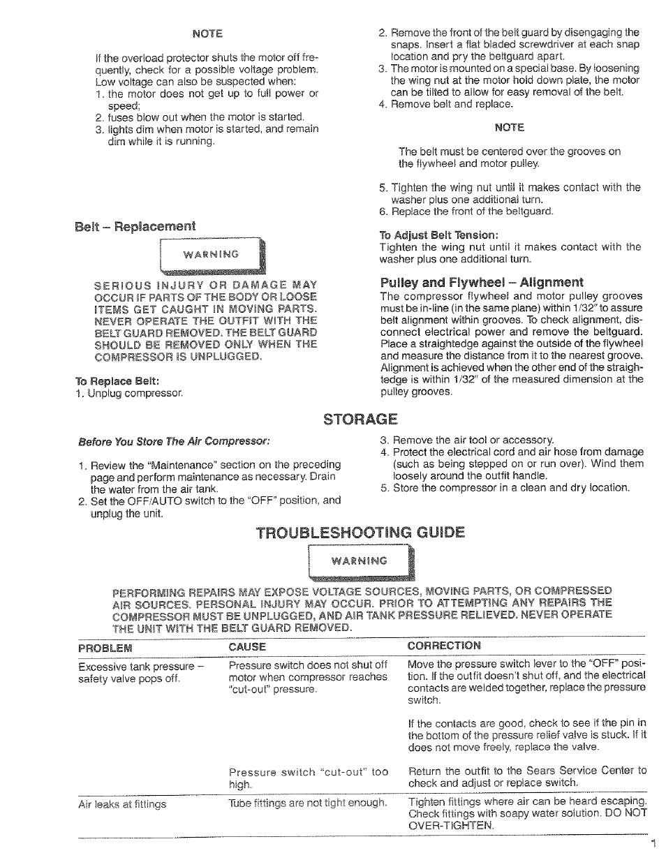 Belt - replacement, Pulley and flywheel - alignment, Storage | Guide, Troubleshooting | Craftsman 919.17673 User Manual | Page 11 / 18