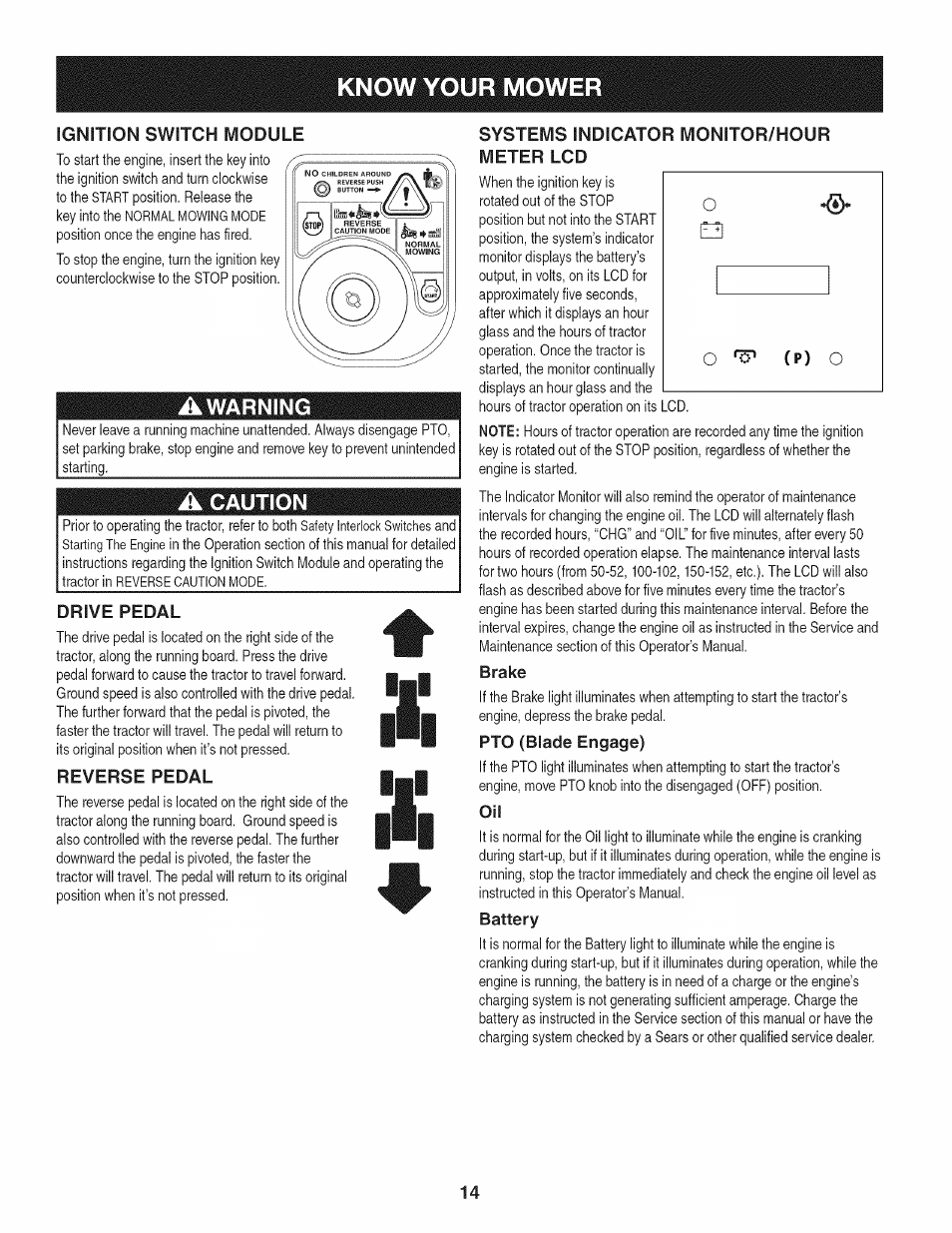 Drive pedal, Reverse pedal, Systems indicator monitor/hour meter lcd | Brake, Pto (blade engage), Battery, Tlil | Craftsman 247.28980 User Manual | Page 14 / 100