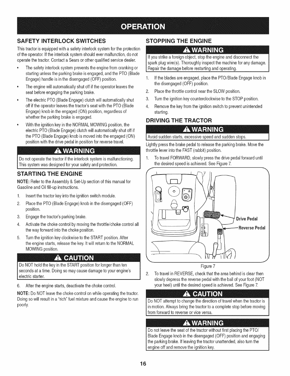 Starting the engine, Stopping the engine, Driving the tractor | Operation, A caution, Awarning i, Awarning | Craftsman 247.28980 User Manual | Page 16 / 100