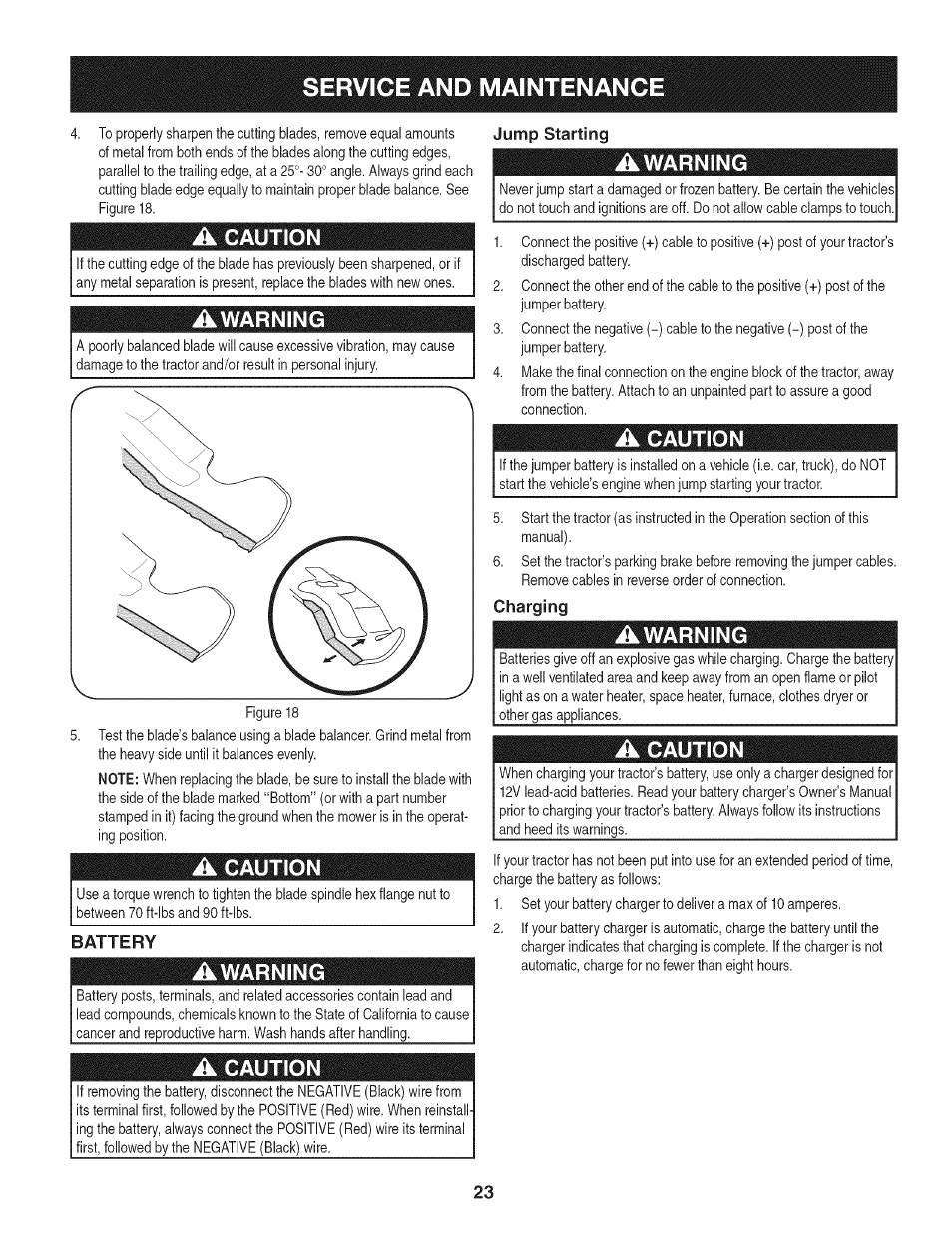 Service and maintenanc, Caution, Awarning | Craftsman 247.28980 User Manual | Page 23 / 100