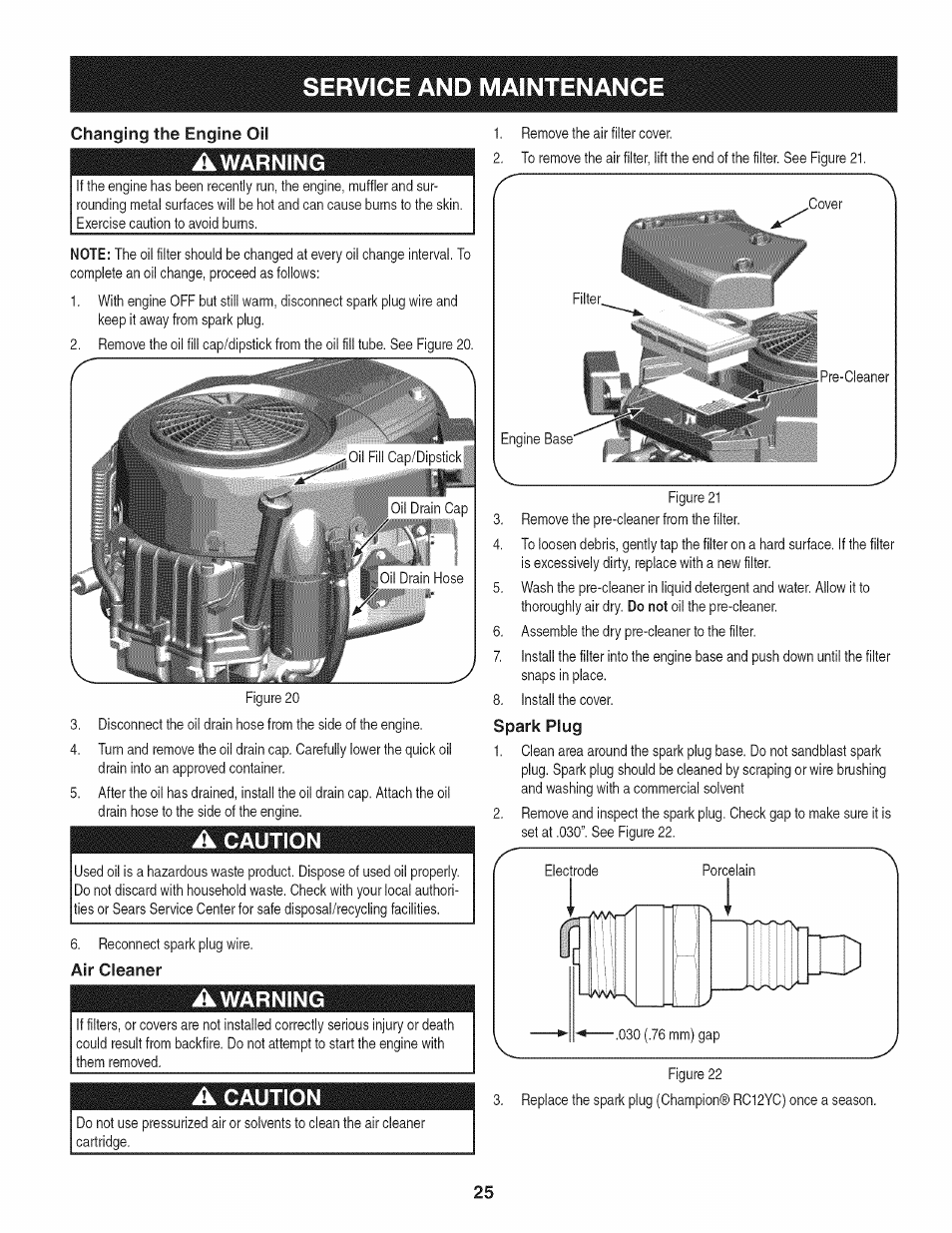 Changing the engine oil, Air cleaner, Spark plug | Service and maintenance, Awarning, Caution | Craftsman 247.28980 User Manual | Page 25 / 100
