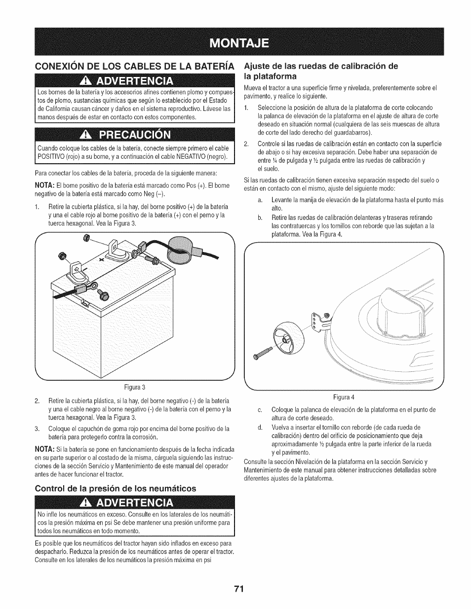 Montaje, Control de la presión de los neumáticos, Advertencia | Precaución | Craftsman 247.28980 User Manual | Page 71 / 100