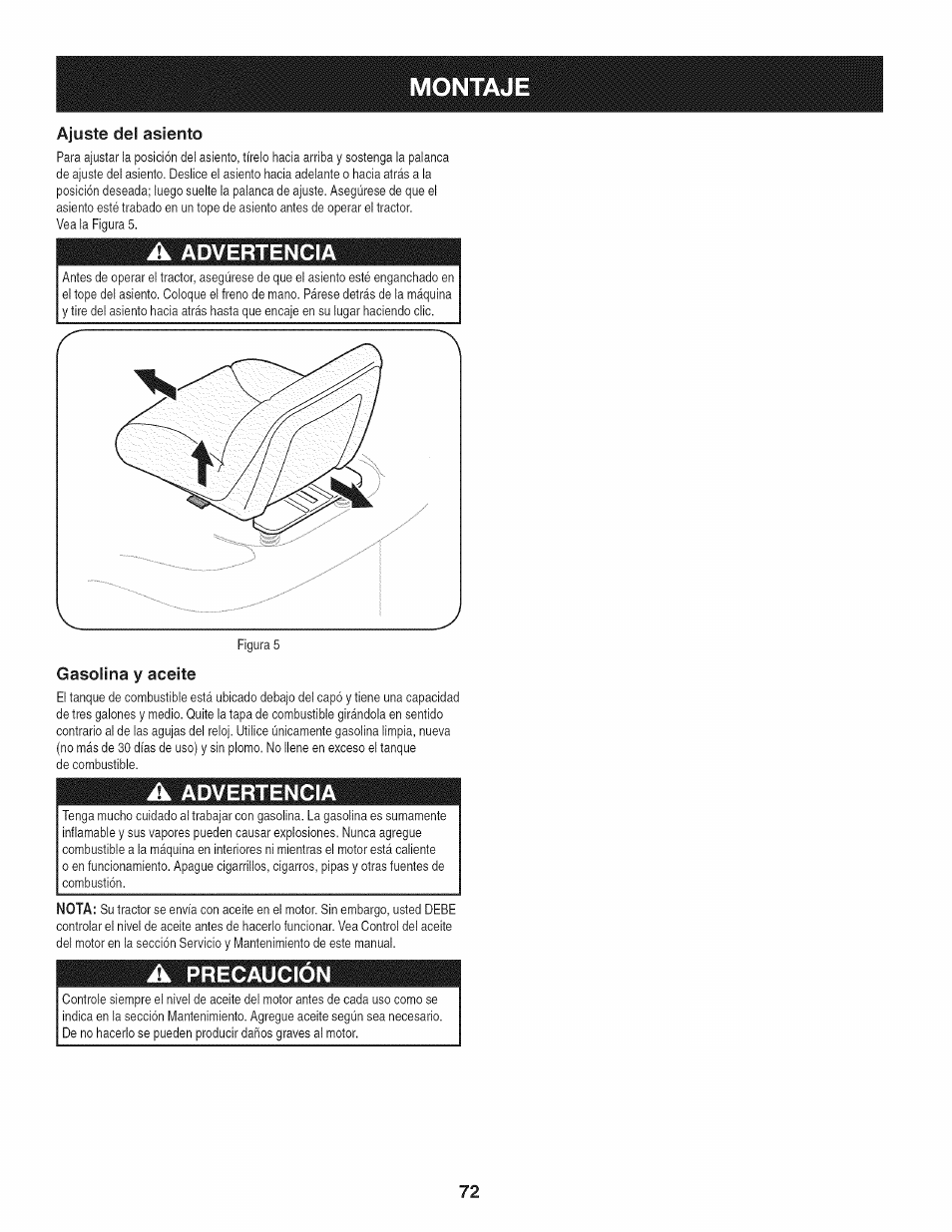 Montaj, Ajuste del asiento, Gasolina y aceite | Craftsman 247.28980 User Manual | Page 72 / 100