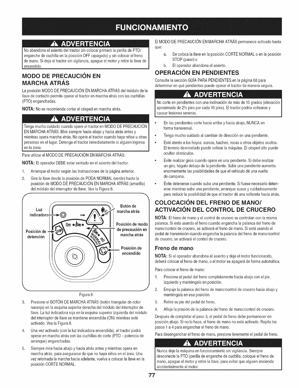 Modo de precaucion en marcha atrás, Operación en pendientes, Freno de mano | Funcionamiento, Advertencia | Craftsman 247.28980 User Manual | Page 77 / 100
