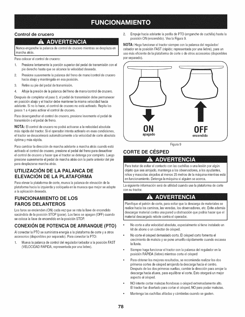 Control de crucero, Funcionamiento de los faros delanteros, Conexión de potencia de arranque (pto) | Corte de cesped, Funcionamiento, Advertencia | Craftsman 247.28980 User Manual | Page 78 / 100