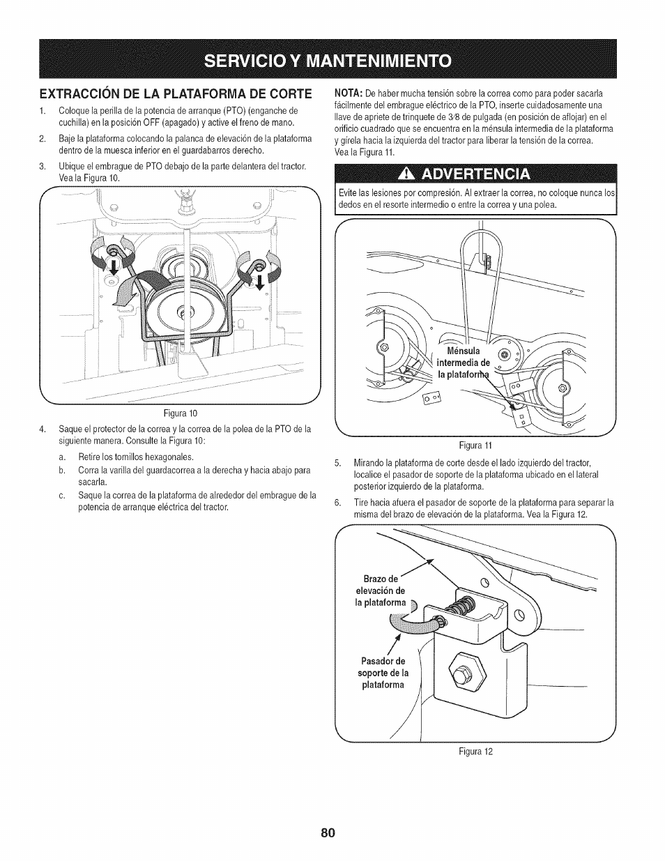 Extraccion de la plataforma de corte, Servicio y mantenimient | Craftsman 247.28980 User Manual | Page 80 / 100