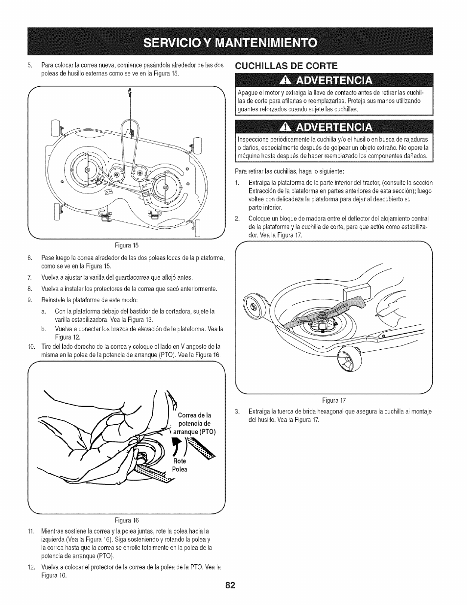 Cuchillas de corte, Servicio y mantenimiento, Advertencia | Craftsman 247.28980 User Manual | Page 82 / 100