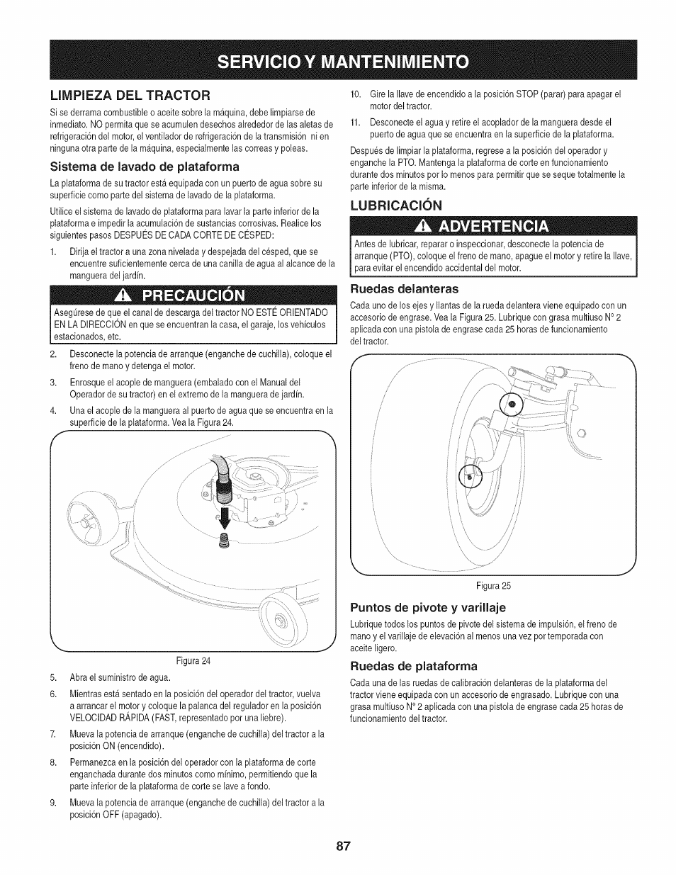 Limpieza del tractor, Sistema de lavado de plataforma, Lubricación | Ruedas delanteras, Puntos de pivote y varillaje, Ruedas de plataforma, Servicio y mantenimiento, Precaución, Advertencia | Craftsman 247.28980 User Manual | Page 87 / 100