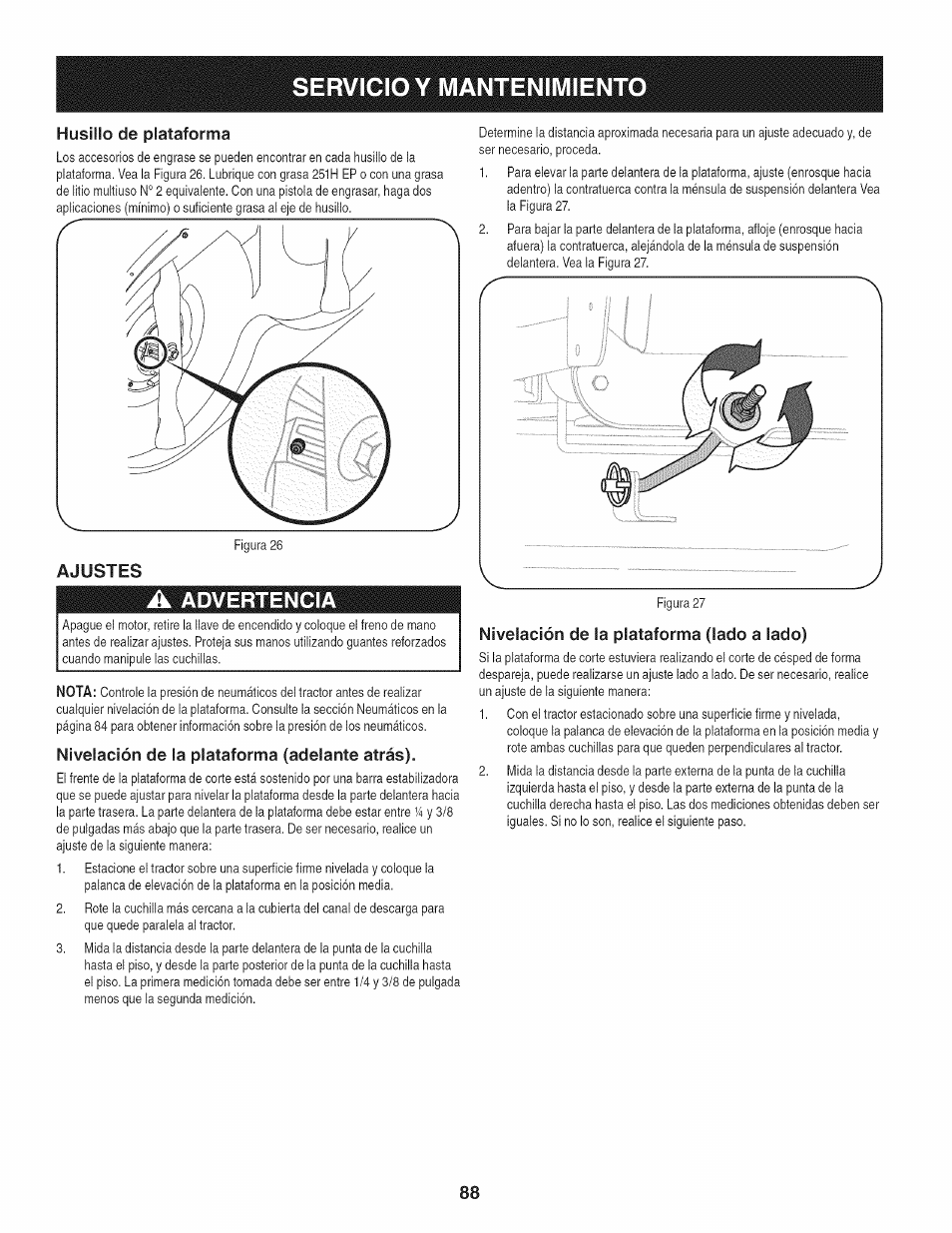 Husillo de plataforma, Nivelación de la plataforma (adelante atrás), Nivelación de la plataforma (lado a lado) | Servicio y mantenimiento | Craftsman 247.28980 User Manual | Page 88 / 100