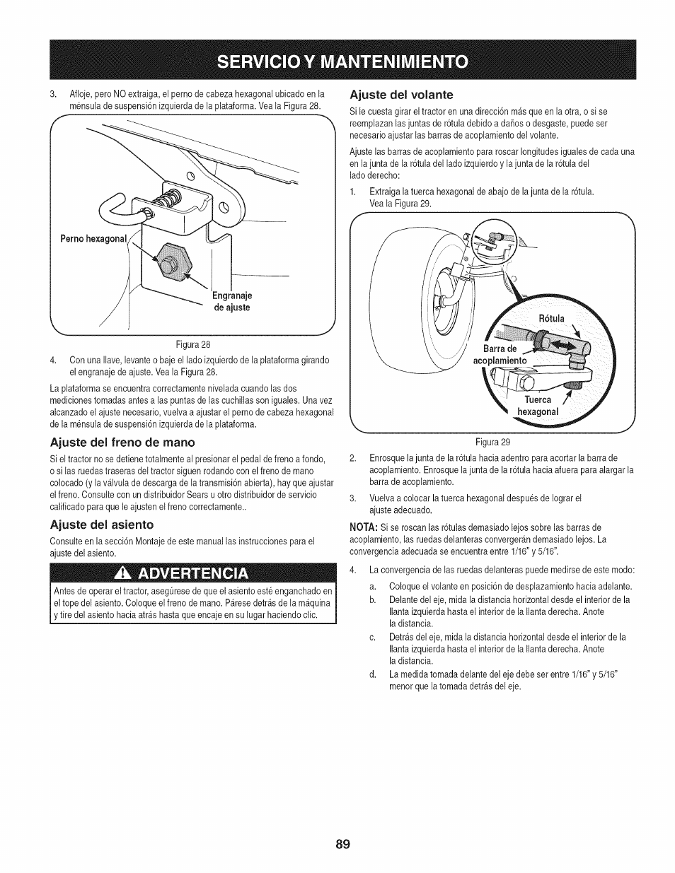 Ajuste del freno de mano, Ajuste del asiento, Ajuste del volante | Servicio y mantenimient, A advertencia | Craftsman 247.28980 User Manual | Page 89 / 100