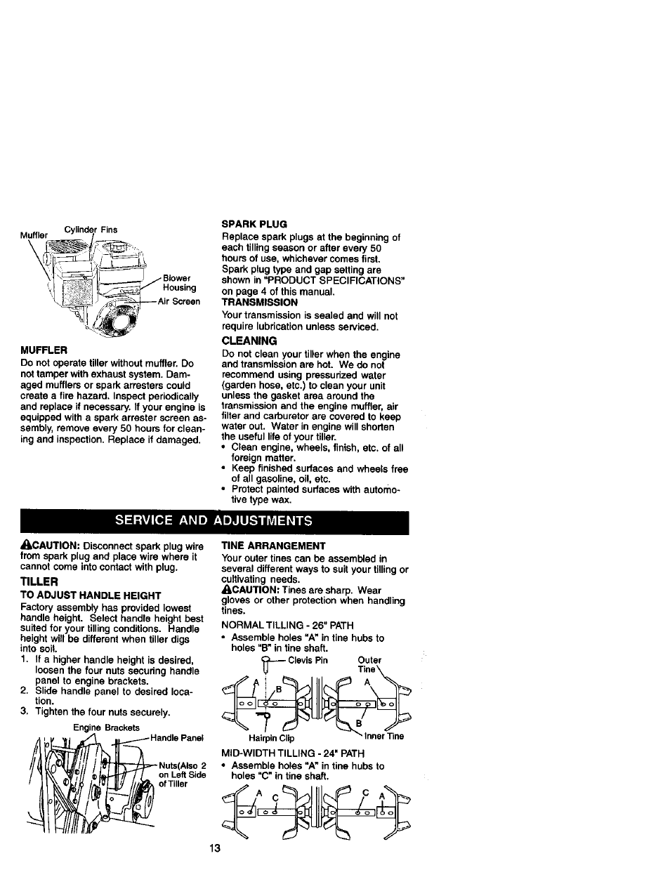 Muffler, Spark plug, Service and adjustments | To adjust handle height, Tine arrangement | Craftsman 917.292490 User Manual | Page 13 / 33