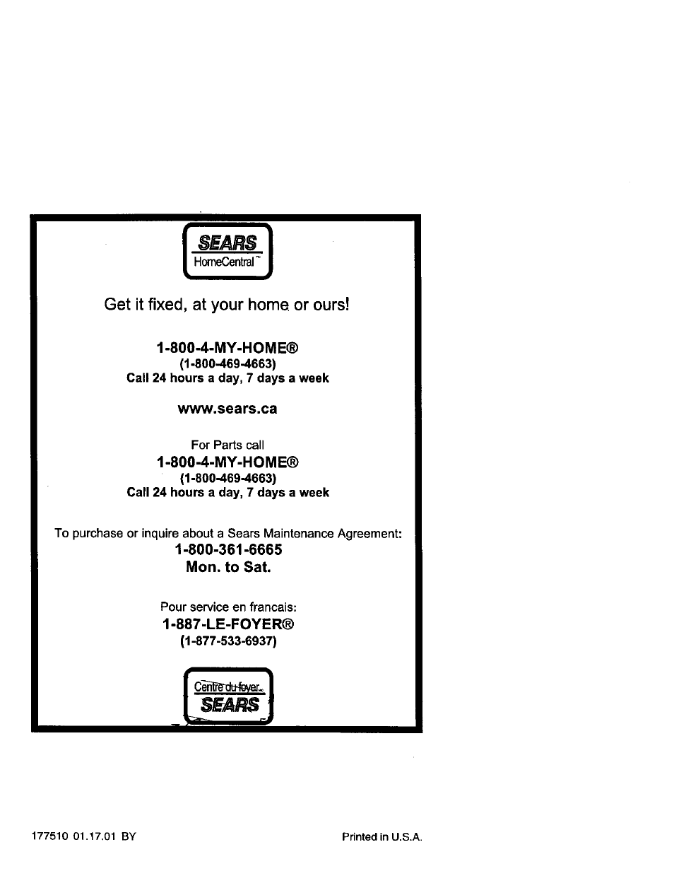 Get it fixed, at your home, or ours, Sears | Craftsman 944.361530 User Manual | Page 24 / 24