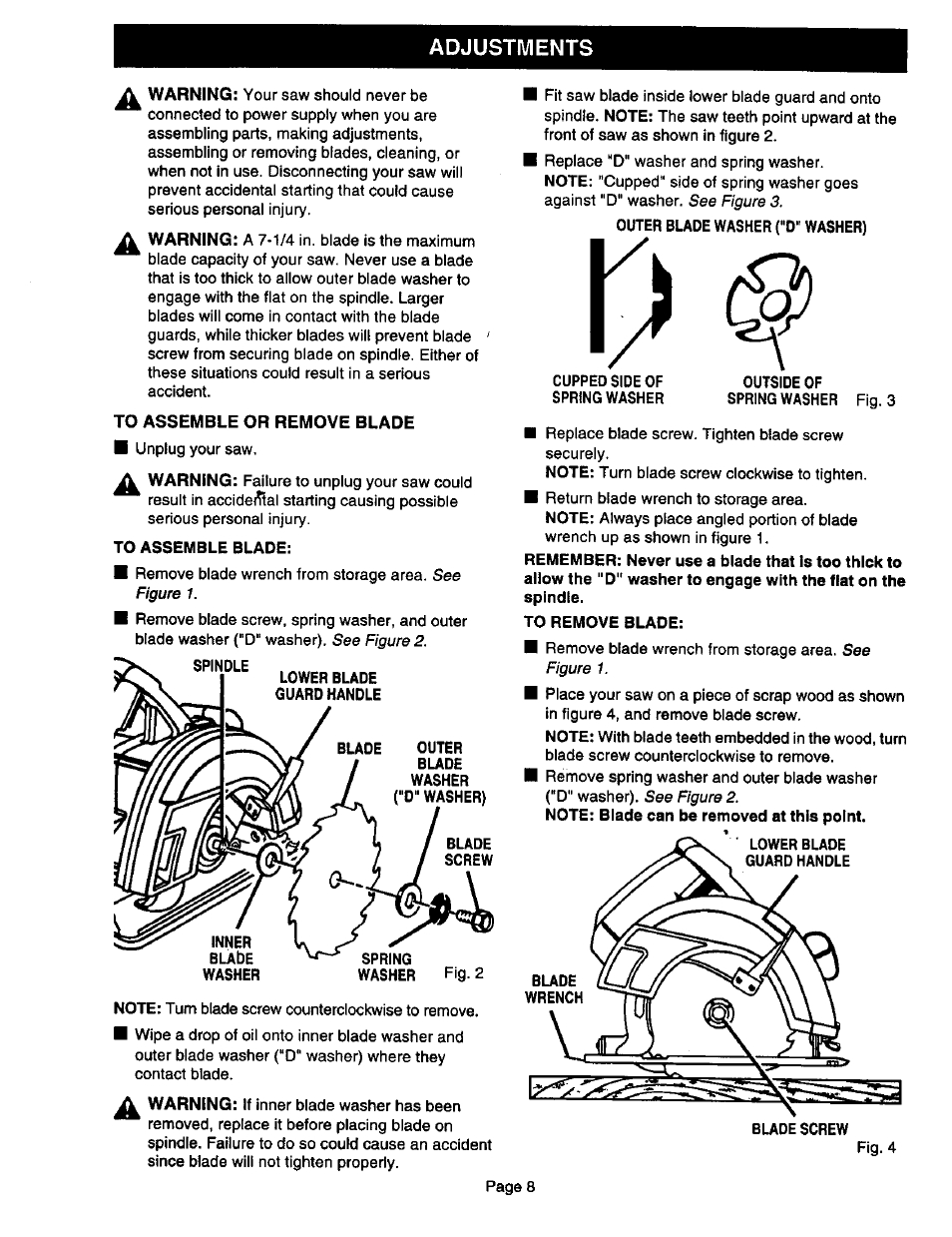 To assemble or remove blade, Adjustments | Craftsman 315.108340 User Manual | Page 8 / 20