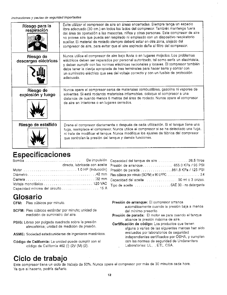 Especificaciones, Ciclo de trabajo, Specifications | Glosario | Craftsman 921.166390 User Manual | Page 14 / 20