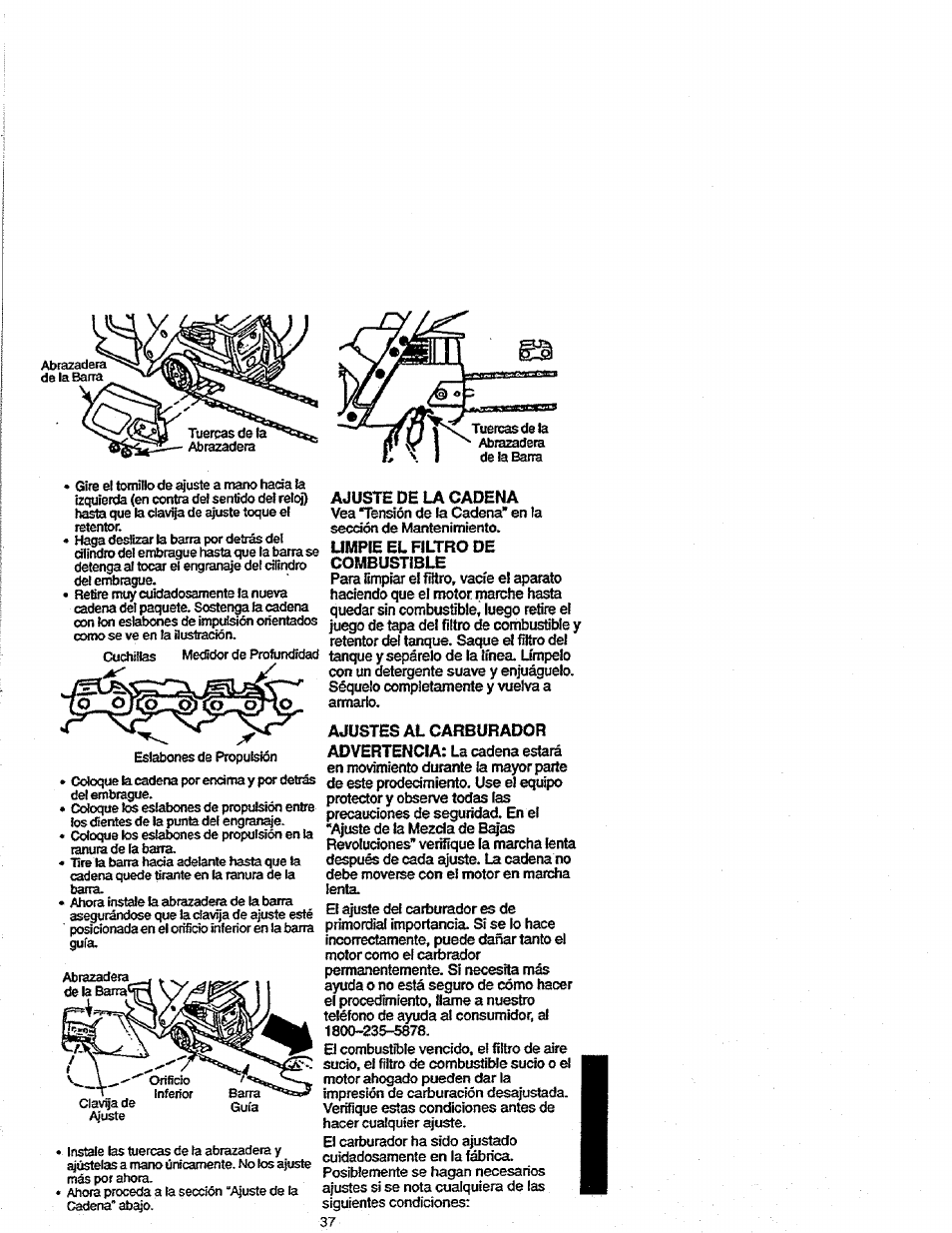 Ajuste de la cadena, Umpie el filtro de combustible, Ajustes al carburador advertencia | Craftsman 358.352680 User Manual | Page 37 / 44