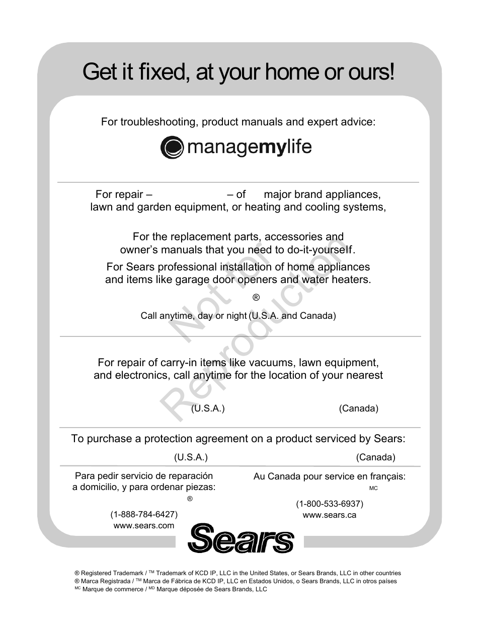 Not for reproduction, Get it fixed, at your home or ours, 800-4-my-home | Craftsman 107.28993 User Manual | Page 112 / 112