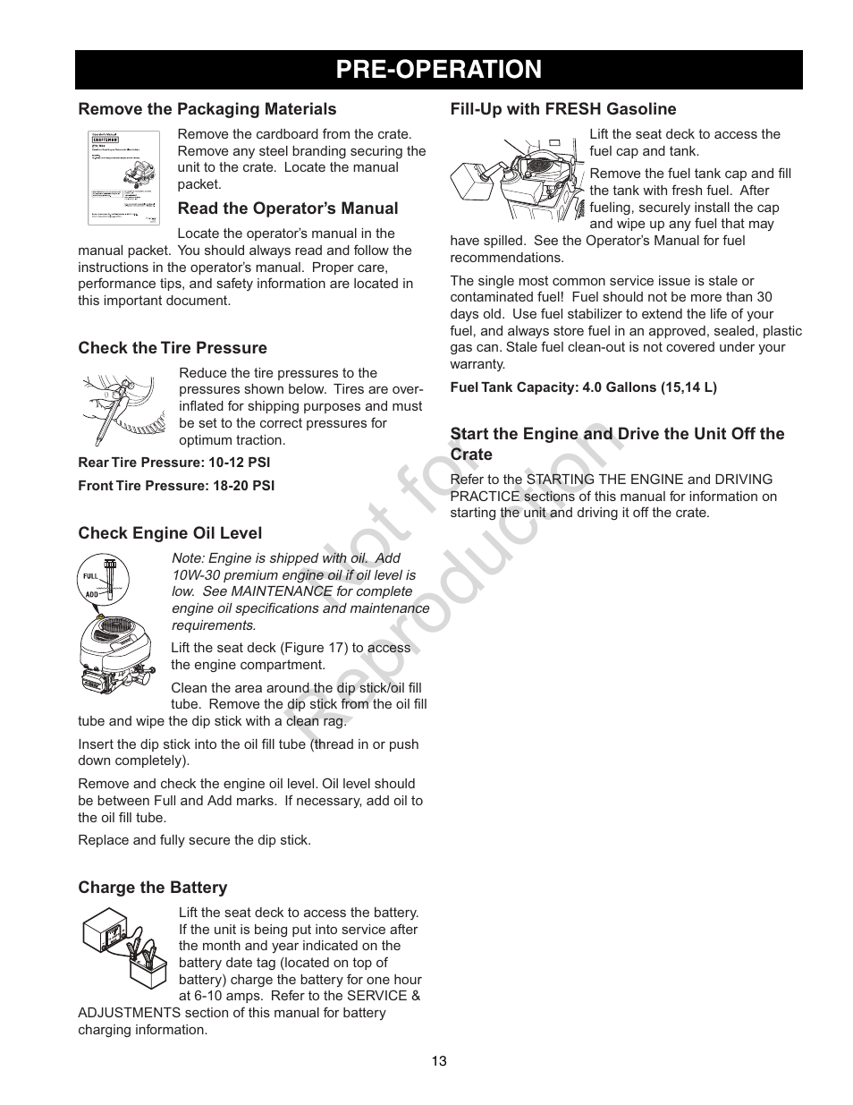 Not for reproduction, Pre-operation | Craftsman 107.28993 User Manual | Page 13 / 112