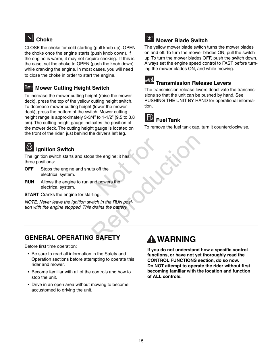 Not for reproduction, Warning | Craftsman 107.28993 User Manual | Page 15 / 112
