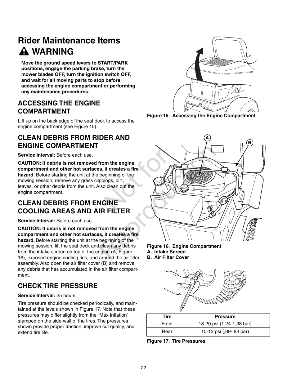 Not for reproduction, Rider maintenance items, Warning | Craftsman 107.28993 User Manual | Page 22 / 112