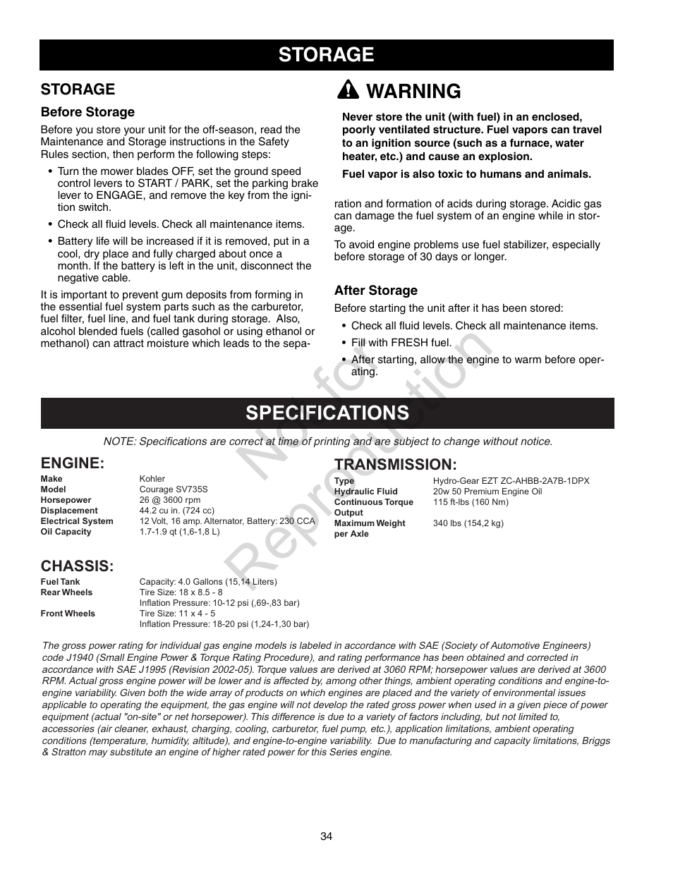 Not for reproduction, Storage warning, Specifications | Craftsman 107.28993 User Manual | Page 34 / 112