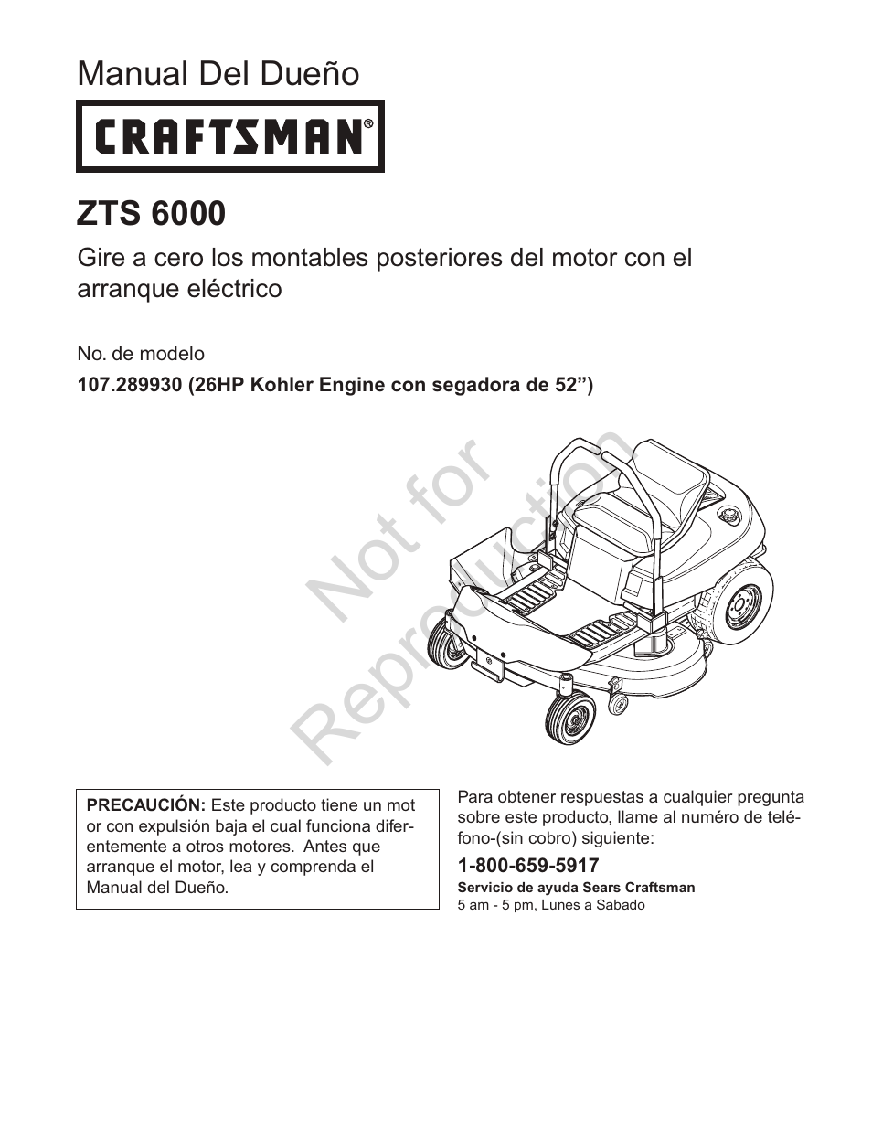Not for reproduction, Manual del dueño, Zts 6000 | Craftsman 107.28993 User Manual | Page 37 / 112
