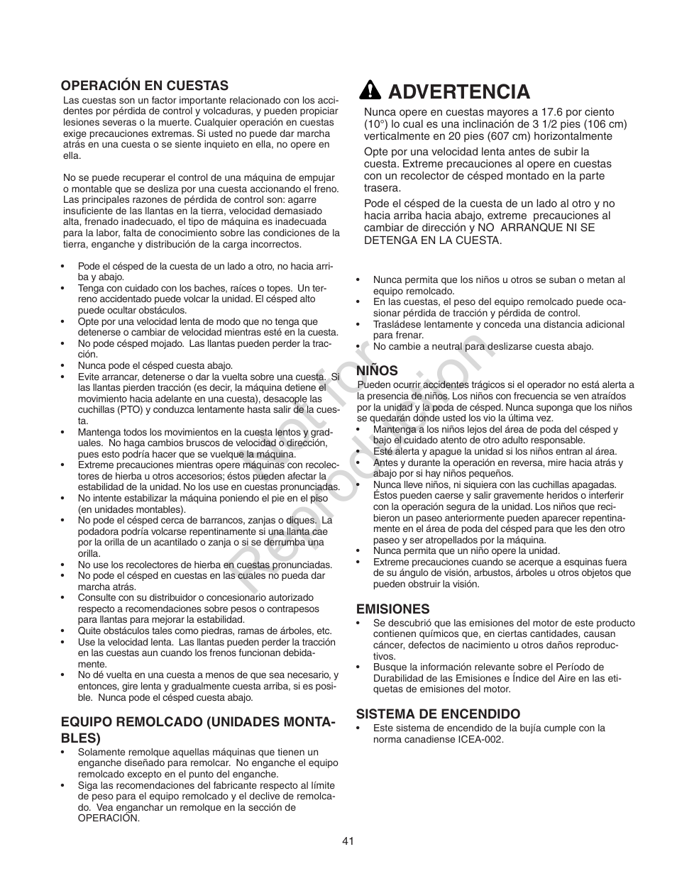 Not for reproduction, Advertencia | Craftsman 107.28993 User Manual | Page 41 / 112
