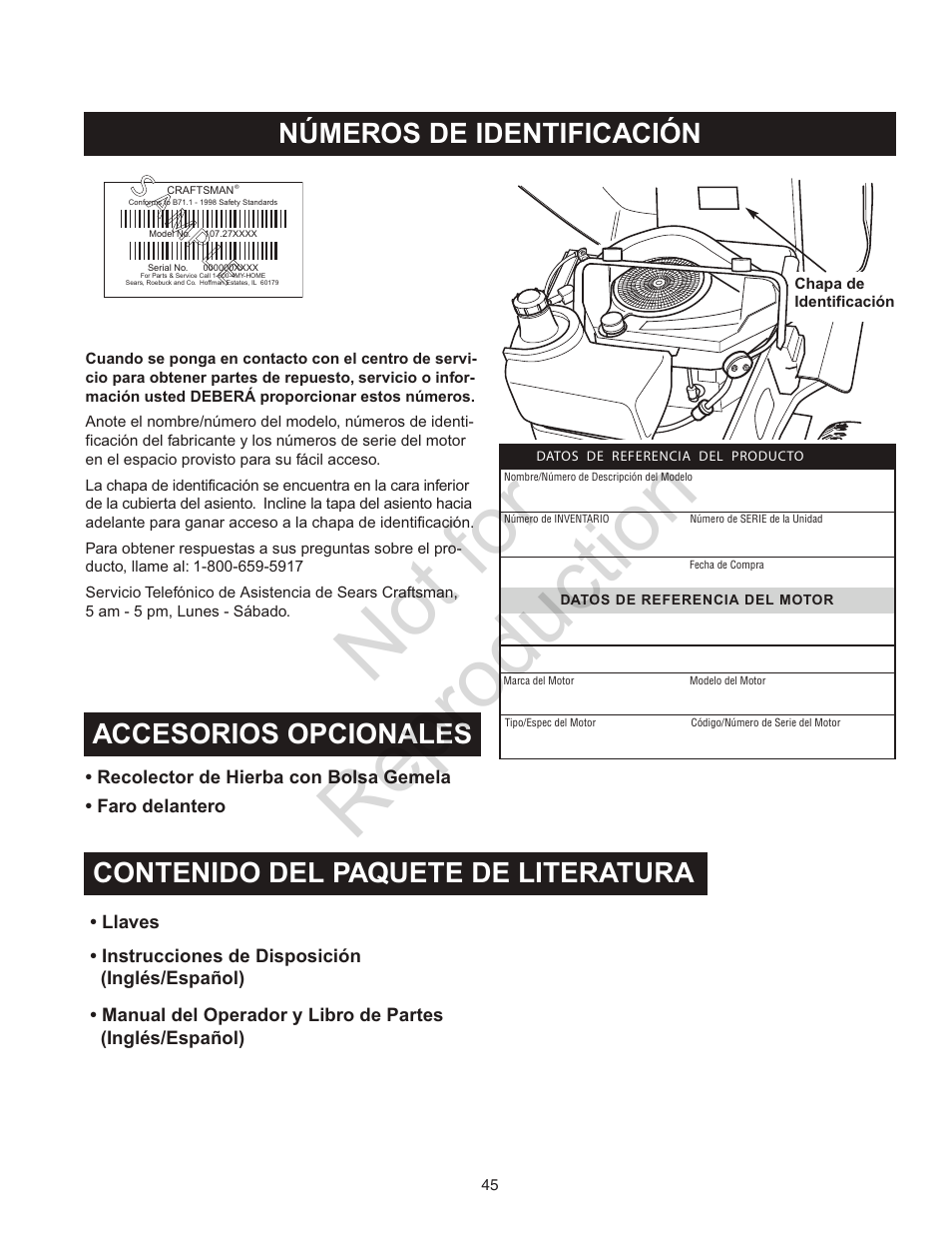Not for reproduction, Ss aa m m pp ll ee, Accesorios opcionales | Craftsman 107.28993 User Manual | Page 45 / 112
