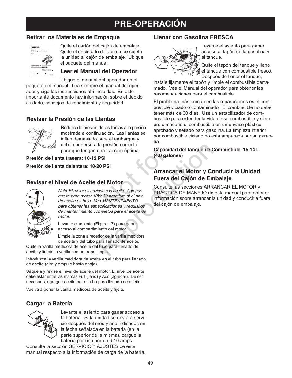 Not for reproduction, Pre-operación | Craftsman 107.28993 User Manual | Page 49 / 112