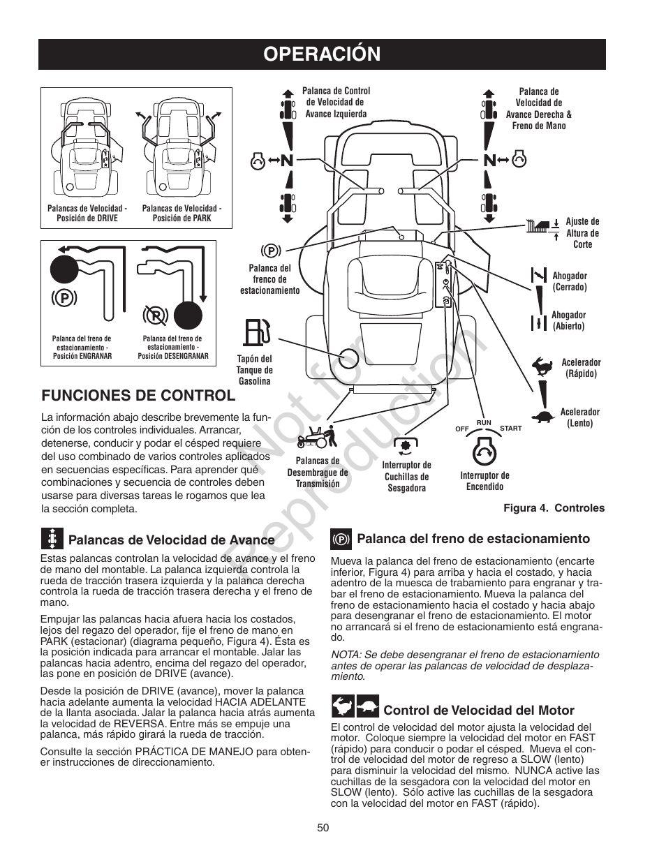 Not for reproduction, Operación, Funciones de control | Craftsman 107.28993 User Manual | Page 50 / 112
